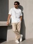Erkek Minimal Kedi Çizim Baskılı Tişört Kısa Kol Yazlık T-Shirt – Beyaz