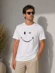 Erkek Minimal Gülümseyen Yüz Baskılı Tişört Kısa Kol Yazlık T-Shirt – Beyaz