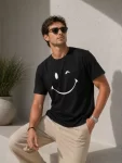 Erkek Minimal Gülümseyen Yüz Baskılı Tişört Kısa Kol Yazlık T-Shirt – Siyah