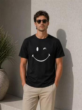 Erkek Minimal Gülümseyen Yüz Baskılı Tişört Kısa Kol Yazlık T-Shirt - Siyah