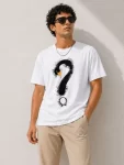 Erkek Kuğu Figürlü Soru İşareti Baskılı Tişört Kısa Kol T-Shirt – Beyaz