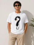 Erkek Kuğu Figürlü Soru İşareti Baskılı Tişört Kısa Kol T-Shirt – Beyaz