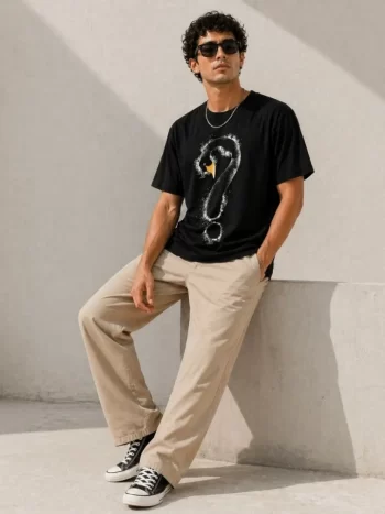 Erkek Kuğu Figürlü Soru İşareti Baskılı Tişört Kısa Kol T-Shirt - Siyah