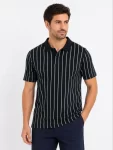 Erkek Pike Kumaş Çizgili Polo Yaka Tişört Kısa Kol Yazlık T-Shirt – Siyah