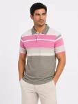 Erkek Flamlı Penye Çizgili Polo Yaka Tişört Kısa Kol Yazlık T-Shirt – Gri