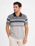 Erkek Flamlı Penye Çizgili Polo Yaka Tişört Kısa Kol Yazlık T-Shirt – Gri
