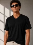 Erkek V Yaka Basic Tişört Kısa Kol Yazlık Regular Fit T-Shirt – Siyah