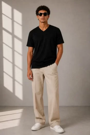 Erkek V Yaka Basic Tişört Kısa Kol Yazlık Regular Fit T-Shirt - Siyah