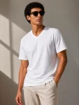 Erkek V Yaka Basic Tişört Kısa Kol Yazlık Regular Fit T-Shirt – Beyaz