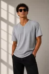 Erkek V Yaka Basic Tişört Kısa Kol Yazlık Regular Fit T-Shirt – Gri