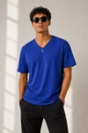 Erkek V Yaka Basic Tişört Kısa Kol Yazlık Regular Fit T-Shirt – Saks Mavisi