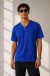 Erkek V Yaka Basic Tişört Kısa Kol Yazlık Regular Fit T-Shirt – Saks Mavisi
