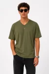 Erkek V Yaka Basic Tişört Kısa Kol Yazlık Regular Fit T-Shirt – Haki