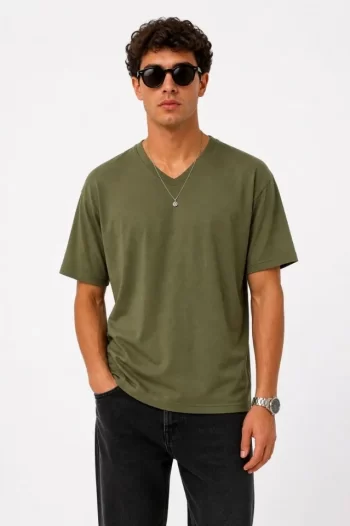Erkek V Yaka Basic Tişört Kısa Kol Yazlık Regular Fit T-Shirt - Haki