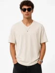 Erkek V Yaka Basic Tişört Kısa Kol Yazlık Regular Fit T-Shirt – Bej
