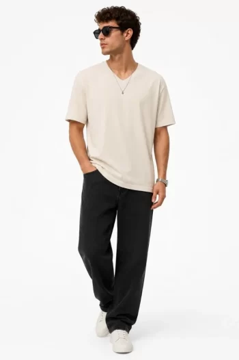 Erkek V Yaka Basic Tişört Kısa Kol Yazlık Regular Fit T-Shirt - Bej