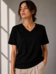 V Yaka Basic Tişört Kısa Kol Yazlık Regular Fit T-Shirt – Siyah