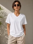 V Yaka Basic Tişört Kısa Kol Yazlık Regular Fit T-Shirt – Beyaz