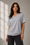 V Yaka Basic Tişört Kısa Kol Yazlık Regular Fit T-Shirt – Gri
