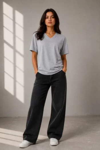 V Yaka Basic Tişört Kısa Kol Yazlık Regular Fit T-Shirt - Gri