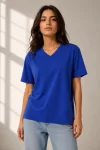 V Yaka Basic Tişört Kısa Kol Yazlık Regular Fit T-Shirt – Saks Mavisi