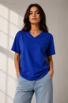 V Yaka Basic Tişört Kısa Kol Yazlık Regular Fit T-Shirt – Saks Mavisi