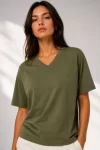 V Yaka Basic Tişört Kısa Kol Yazlık Regular Fit T-Shirt – Haki