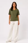 V Yaka Basic Tişört Kısa Kol Yazlık Regular Fit T-Shirt – Haki