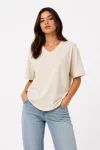 V Yaka Basic Tişört Kısa Kol Yazlık Regular Fit T-Shirt – Bej