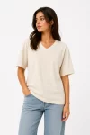 V Yaka Basic Tişört Kısa Kol Yazlık Regular Fit T-Shirt – Bej