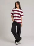 Çizgili Oversize Tişört Bisiklet Yaka Kısa Kol Yazlık T-Shirt – Bordo
