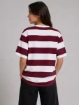 Çizgili Oversize Tişört Bisiklet Yaka Kısa Kol Yazlık T-Shirt – Bordo