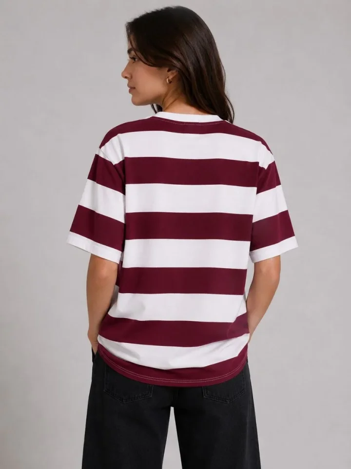 Çizgili Oversize Tişört Bisiklet Yaka Kısa Kol Yazlık T-Shirt - Bordo Çizgili Oversize Tişört Bisiklet Yaka Kısa Kol Yazlık T-Shirt - Bordo