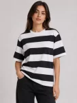 Çizgili Oversize Tişört Bisiklet Yaka Kısa Kol Yazlık T-Shirt – Siyah