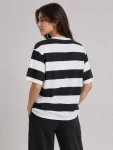 Çizgili Oversize Tişört Bisiklet Yaka Kısa Kol Yazlık T-Shirt – Siyah