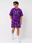 Erkek Oversize Kalıp Pubg Bape X Shark Nakışlı Cepli Şort Takım – Mor
