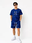 Erkek Oversize Kalıp Pubg Bape X Shark Nakışlı Cepli Şort Takım – Mavi