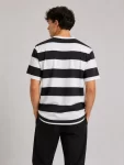 Erkek Çizgili Oversize Tişört Bisiklet Yaka Kısa Kol Yazlık T-Shirt – Siyah