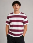 Erkek Çizgili Oversize Tişört Bisiklet Yaka Kısa Kol Yazlık T-Shirt – Bordo