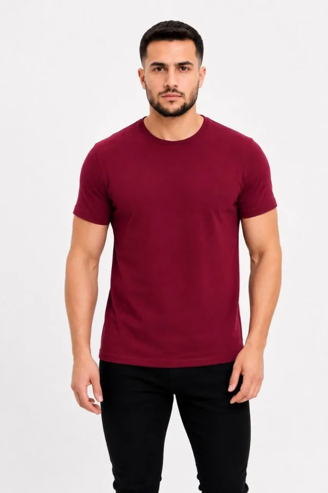 Erkek Basic Tişört Bisiklet Yaka Kısa Kol Günlük Yazlık Slim Fit T-Shirt - Bordo Erkek Basic Tişört Bisiklet Yaka Kısa Kol Günlük Yazlık Slim Fit T-Shirt - Bordo
