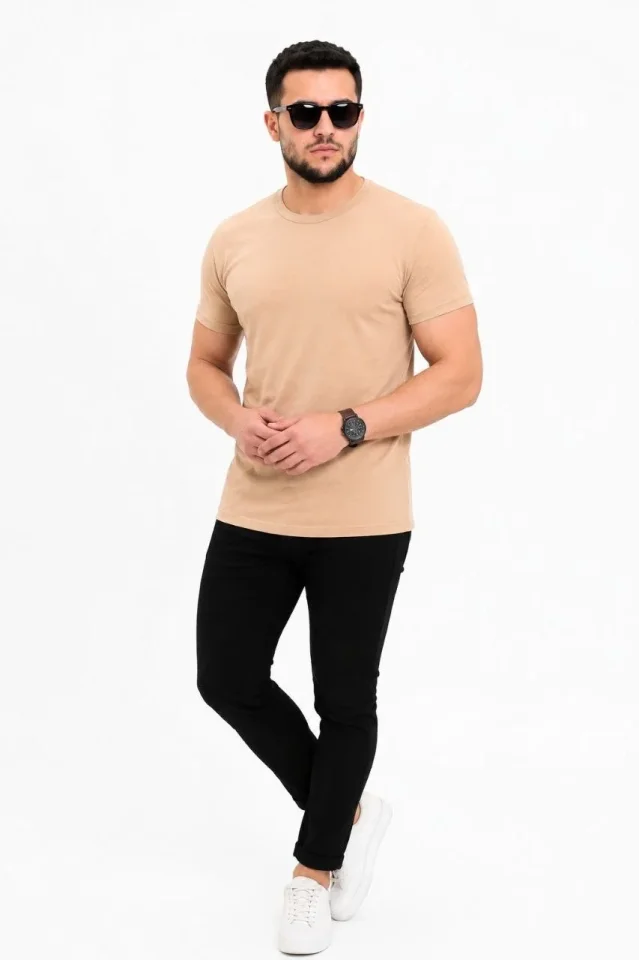 Erkek Basic Tişört Bisiklet Yaka Kısa Kol Günlük Yazlık Slim Fit T-Shirt - Bej Erkek Basic Tişört Bisiklet Yaka Kısa Kol Günlük Yazlık Slim Fit T-Shirt - Bej