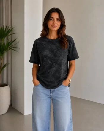 Batik Desenli Tişört Bisiklet Yaka Kısa Kol Regular Fit T-shirt - Siyah
