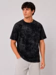 Erkek Yıkamalı Washed Effect Tişört Bisiklet Yaka Sokak Stil Kısa Kol T-Shirt – Siyah