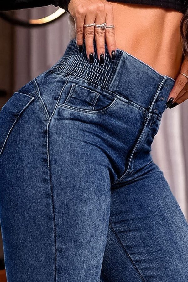 Kadın Yüksek Bel Yanları Lastik önü Düğmeli Kot Pantolon