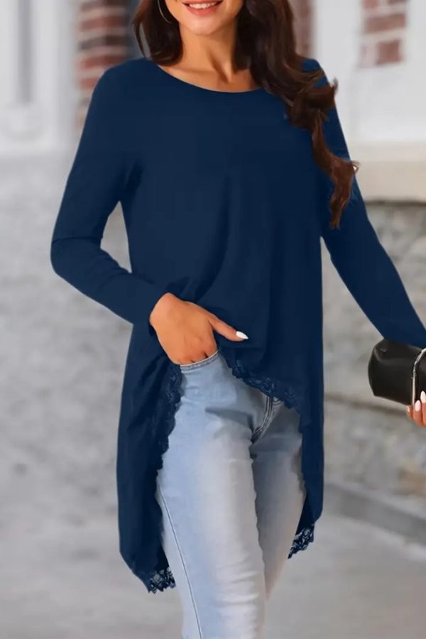 Kadın Uzun Kollu Bisiklet Yaka Asimetrik Kesim Detaylı Dantelli Viskon Bluz