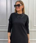 Kadın Uzun Kollu Bisiklet Yaka Etek Ucu Deri Dantelli Viskon Iki Iplik Midi Elbise Marketplace