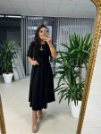 Kadın Kısa Kollu Bisiklet Yaka Fiyonk Broşlu Midi Janjan Krep Elbise Marketplace