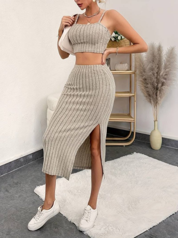Kadın Kolsuz Askılı Crop Yırtmaçlı Midi Etek Fitilli Kaşkorse Takım