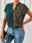 Kadın Kısa Kollu V Hakim Yakalı Leopar Desenli Sandy Bluza Marketplace