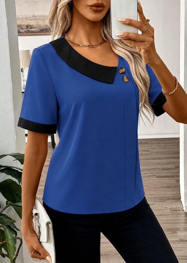Kadın Kısa Kollu Asımetrik Yaka Detaylı Düğmeli Dubai Bluz